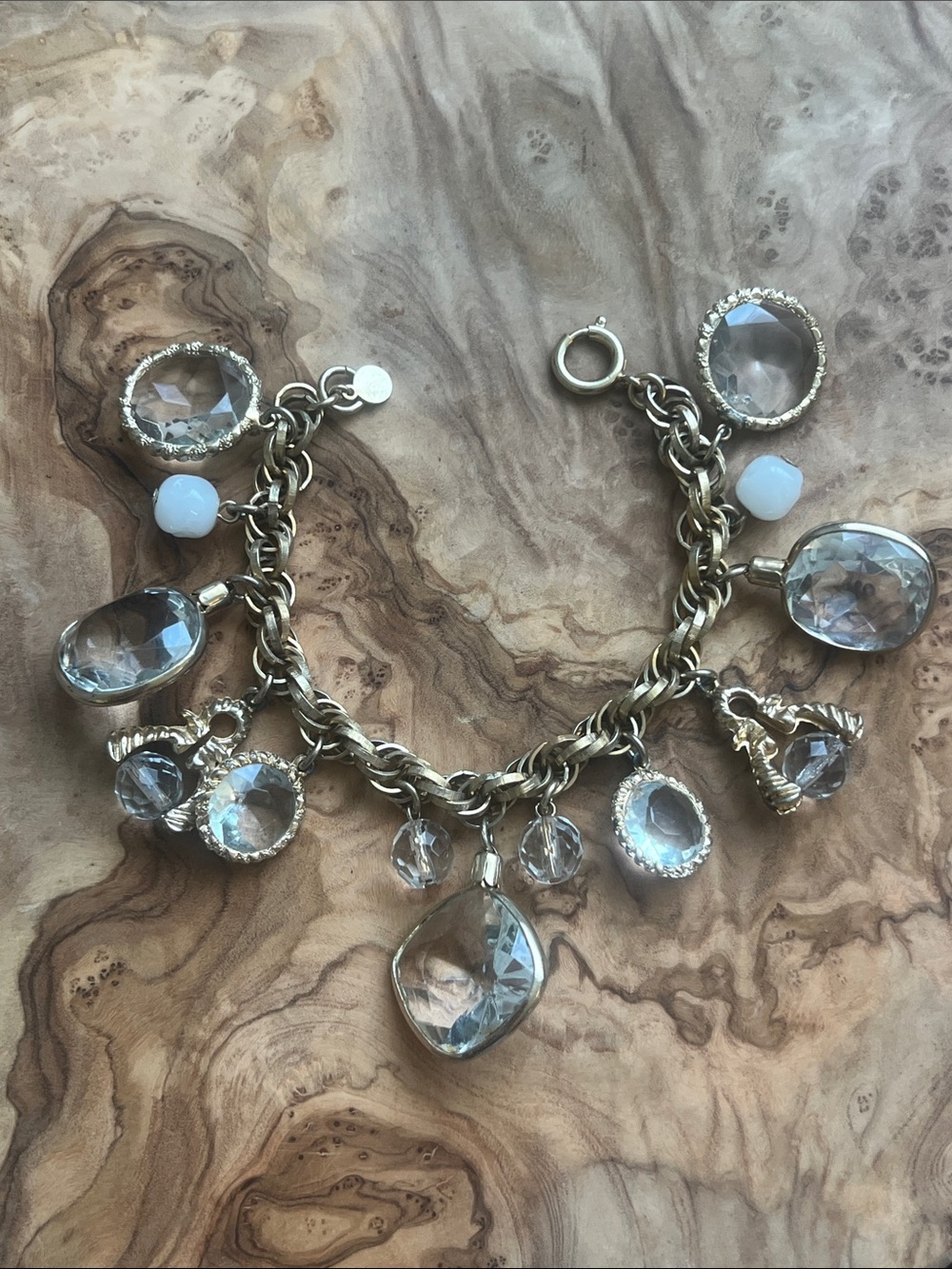 Vintage Accessocraft NYC Clear Crystal and Gold toned Charm Bracelet